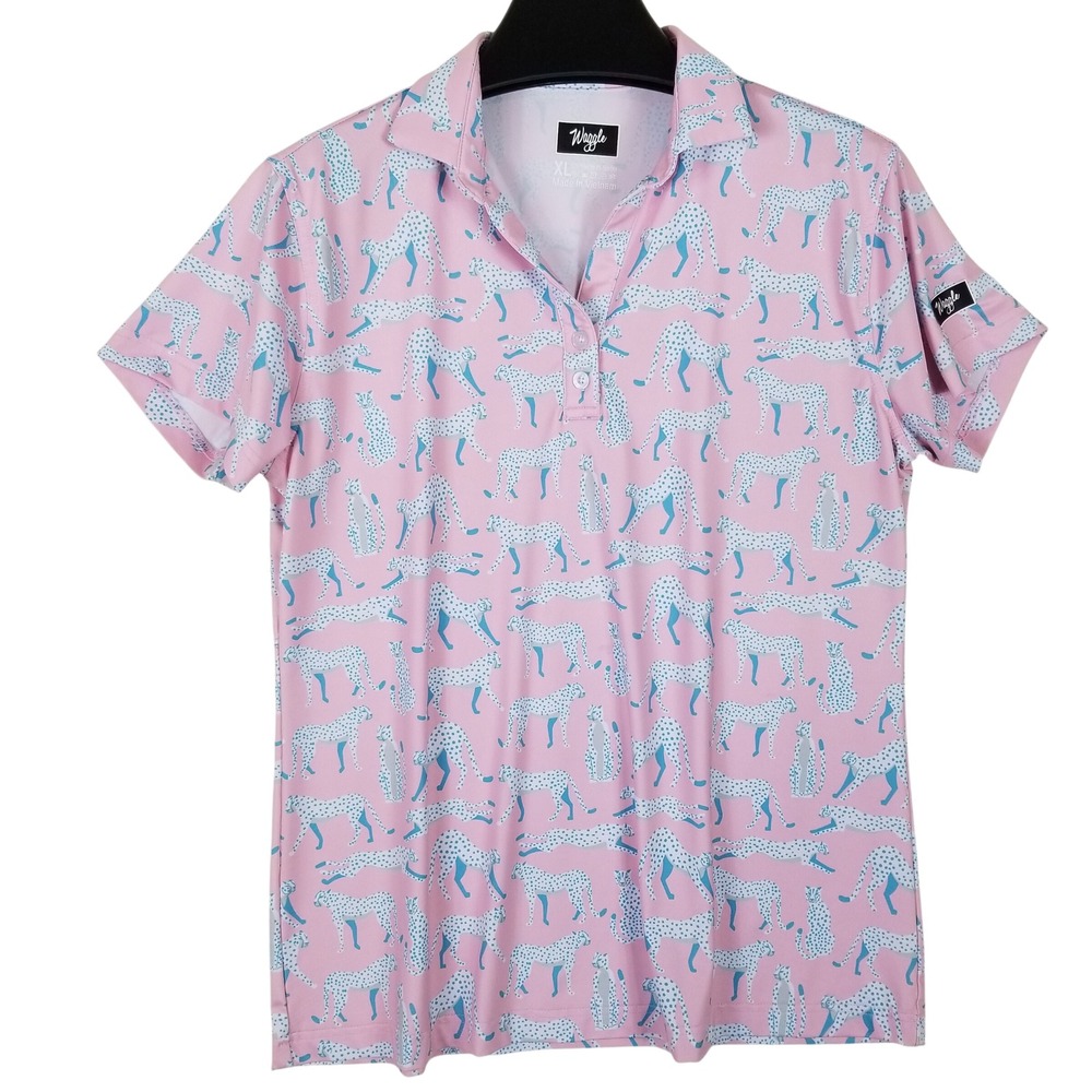 Waggle Men XL Pink Cheetah Golf Polo Shirt Short Sleeve Stretch Performance
